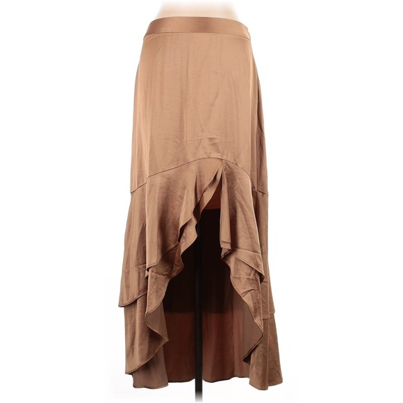 NWT Express Satin Maxi Skirt‎ 12 Brown High Waist Ruffle Asymmetrical Hem - Picture 1 of 5